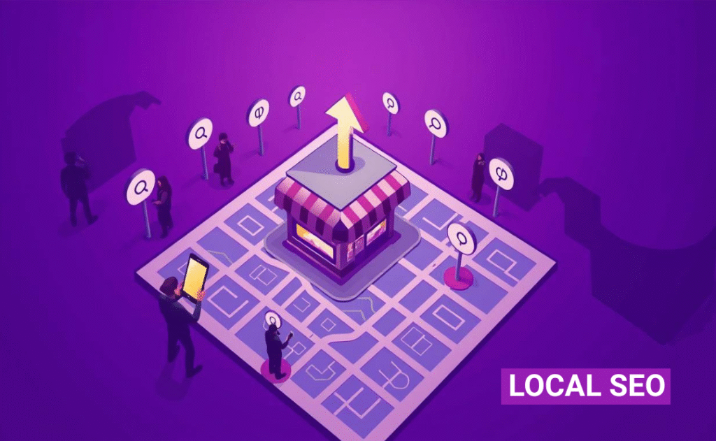 Local store on map with SEO icons and location pins