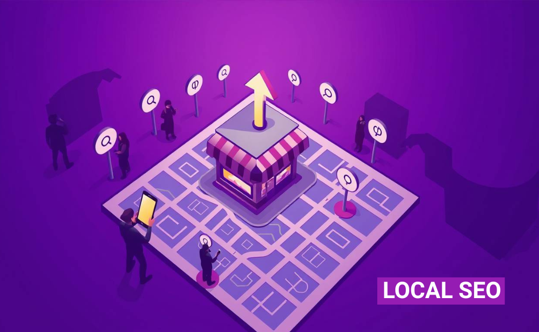 Local store on map with SEO icons and location pins