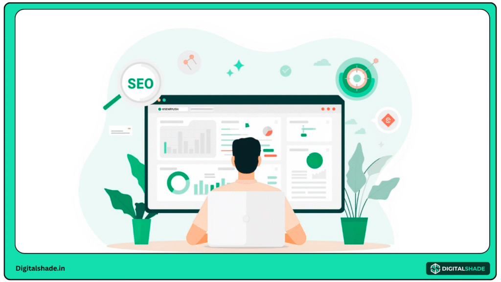 SEMrush dashboard showing SEO keywords, traffic, and competitor analysis

